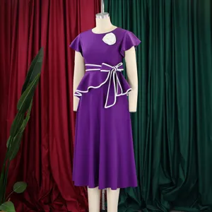 Elegant purple short sleeve ruffle midi dress with white bow on a mannequin setup