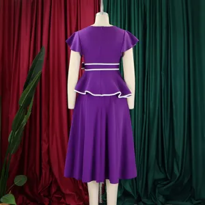 Back view of a purple short-sleeve midi dress featuring elegant peplum detail.