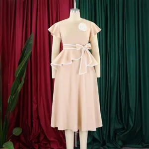 Elegant apricot midi dress featuring ruffle sleeves and a peplum tie-waist design