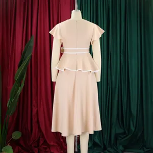 Back view of elegant peach midi dress with flutter sleeves and peplum waist detail