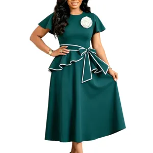 Elegant dark green African style ruffled midi dress with short sleeves and bow belt detail