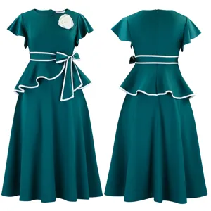 Front and back view of dark teal A-line midi dress with ruffled sleeves and white bow belt