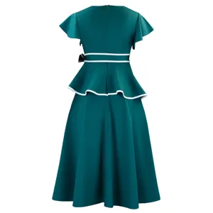 Back view of a dark teal peplum midi dress with short flutter sleeves and white trim detail