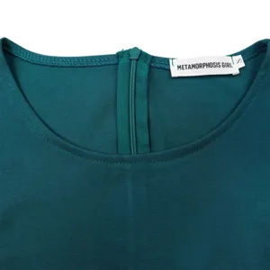 Close-up of teal dress collar featuring hidden back zipper and size label detail