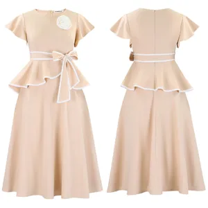 Detailed front and back views of apricot ruffle sleeve midi dress with waist tie