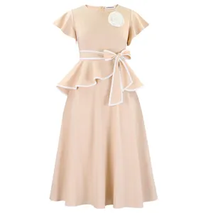 Elegant beige midi dress featuring ruffle short sleeves, peplum waist and bow belt
