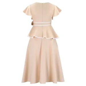 Detailed back view of an elegant apricot peplum dress with ruffles and white trim details