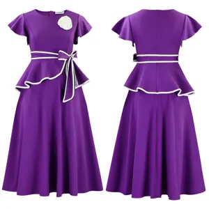 Elegant purple mid-length dress with ruffle sleeves and white trim belt detail views.