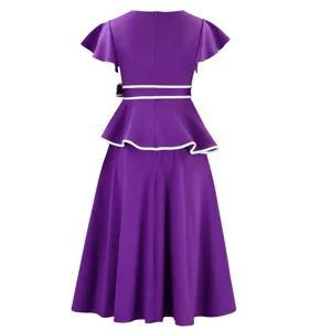 Back view of elegant purple peplum midi dress with ruffle sleeves and white trim accents.