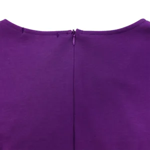 Detail view of a purple summer dress showing the neckline and invisible zipper closure.