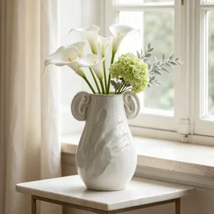 Vaso in Ceramica Artistico Astratto con Design a Rilievo a Mano Manici a Orecchia Stile Wabi-sabi Smaltato per Arredo Casa