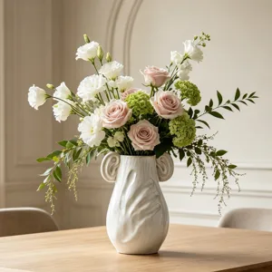 Primo piano di un elegante vaso in ceramica bianca con rilievo a forma di mano