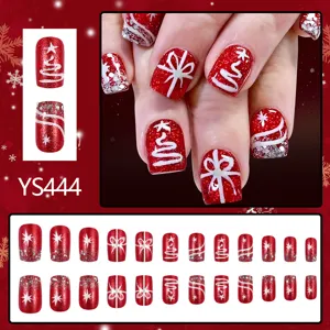 Red Christmas press-on nails set with glitter and white snow patterns