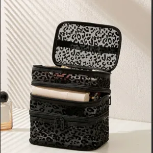 Premium black mesh double layer cosmetic bag featuring velvet leopard print pattern