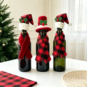 Weihnachts Weinflaschen Deko Mini Mütze Und Schal Rot Karierter Stoff Festliche Tischdekoration Neuheit Zubehör