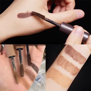 Macro view of eyebrow mascara texture and waterproof trial on arm with spiral brush