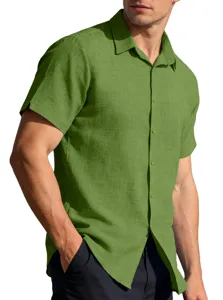 Close-up of a men's green textured short-sleeve casual button-down shirt with collar.