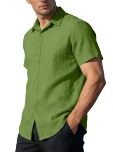 Side view of a man wearing a green short-sleeve button-down shirt with textured fabric