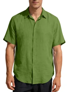 Men's casual short-sleeve shirt in breathable green linen-textured fabric with buttons.