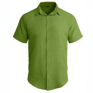 Men's casual green short sleeve quick dry shirt with breathable linen texture and button down