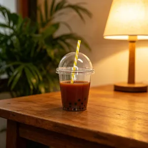 Primo piano dettagliato di un simpatico ciondolo in resina a forma di tazza di bubble tea.