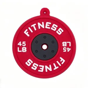 Red black barbell plate pendant keychain fitness gym bag hanging ornament accessory.