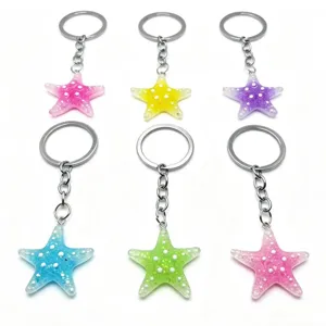 Glitter resin starfish keychain and bag charm cute colorful star key ring for women beach gift
