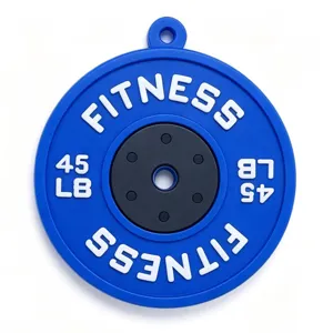 Blue barbell plate pendant fitness gym backpack charm key chain sports accessory gift detail view