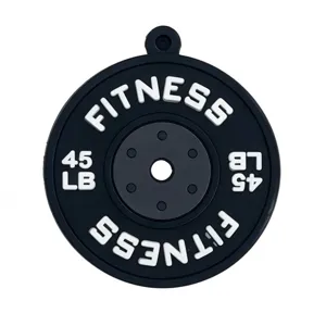Black barbell plate charm pendant, fitness gym backpack accessory, durable rubber material detail view.
