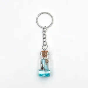 Ocean theme glass drift bottle keychain with blue liquid mini shell charm cute bag pendant