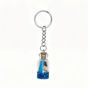 Ocean theme wish bottle keychain with cute shell and blue stones, perfect bag charm accessory.