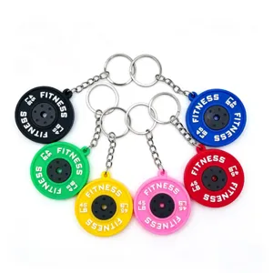 Colorful PVC barbell weight plate keychains, miniature fitness gym keyring sports gifts.