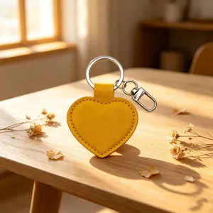 Yellow heart-shaped PU leather keychain with metal ring, blank design for custom gifts.