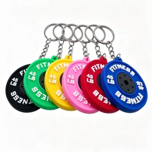 Colorful PVC barbell plate keychains, mini fitness weightlifting souvenir key ring pendant gift.