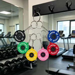 Colorful PVC barbell plate keychain mini fitness weight plate gym gift metal key ring