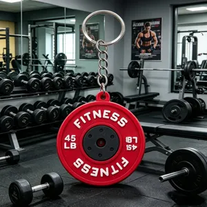 PVC barbell weight plate keychain mini fitness gym pendant gift key ring accessory detail view