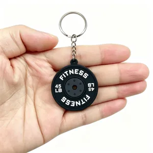 PVC barbell plate keychain miniature fitness weight lifting gym metal ring gift detail