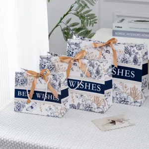 Elegante Papiertüte Mit Blumenmuster Und Goldener Schleife Hochwertige Handtasche Aus Dickem Karton Für Kleidung Kosmetik Hochzeit Party Geschenkverpackung
