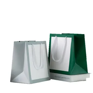 Minimalist paper gift bags with ribbon handles, ideal for clothing and retail packaging.