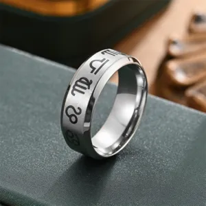Stainless steel zodiac ring with astrological symbols for couples and daily fashion wear.