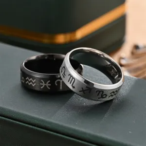 Titanium steel zodiac sign couple rings detailed view, stylish horoscope finger jewelry for men and women.