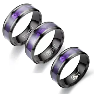 Black titanium tungsten carbide couple rings with stunning purple shell inlay fashion jewelry