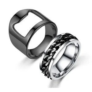 Close-up detail of stainless steel men's ring set featuring a bottle opener and chain design.