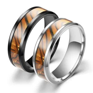 Stainless steel couple rings set, black and silver titanium steel rings with tiger pattern inlay.