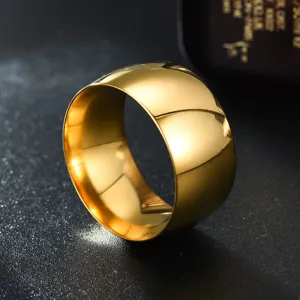 Herren 12mm breiter goldener edelstahl schlichter ring detailansicht, glatter modeschmuck.