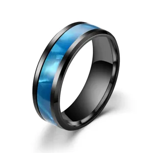 Black stainless steel ring with blue inlay modern fashion couple jewelry detail view