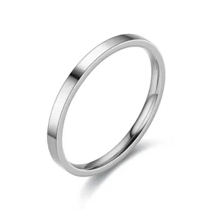 Minimalist 2mm stainless steel plain ring detail, polished surface texture close-up.