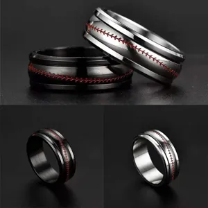 Stainless Steel Rotatable Rugby Stitching Spinner Ring For Men Women Trendy Gothic Sport Style Stress Relief Band Ring Gift