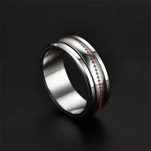 Titanium stainless steel spinning ring for men, cool baseball stitch fashion jewelry.