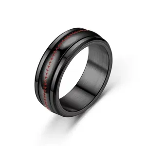 Men stainless steel black rotatable ring with red sports stitching design for couple
